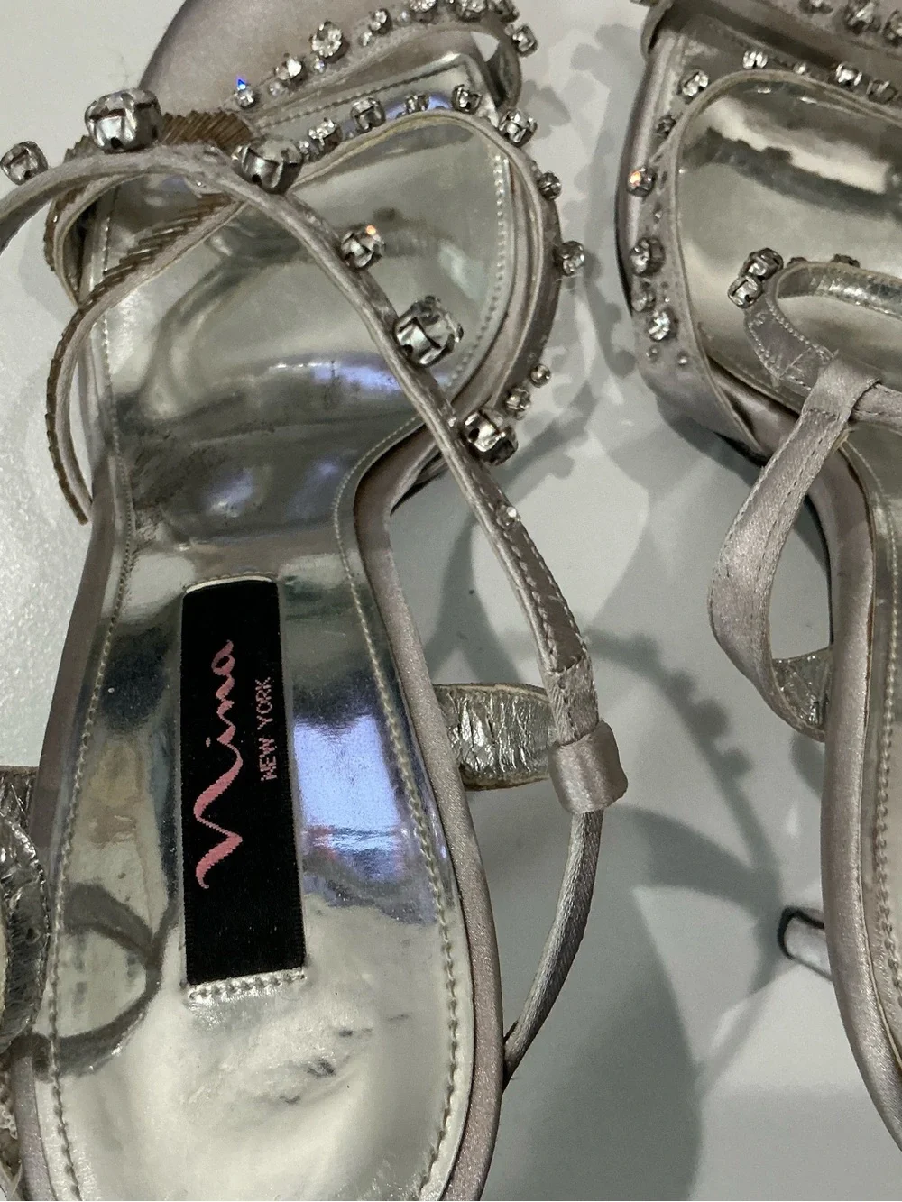 Nina, New York women, satin rhinestone ankle strap evening heels, size 10 M